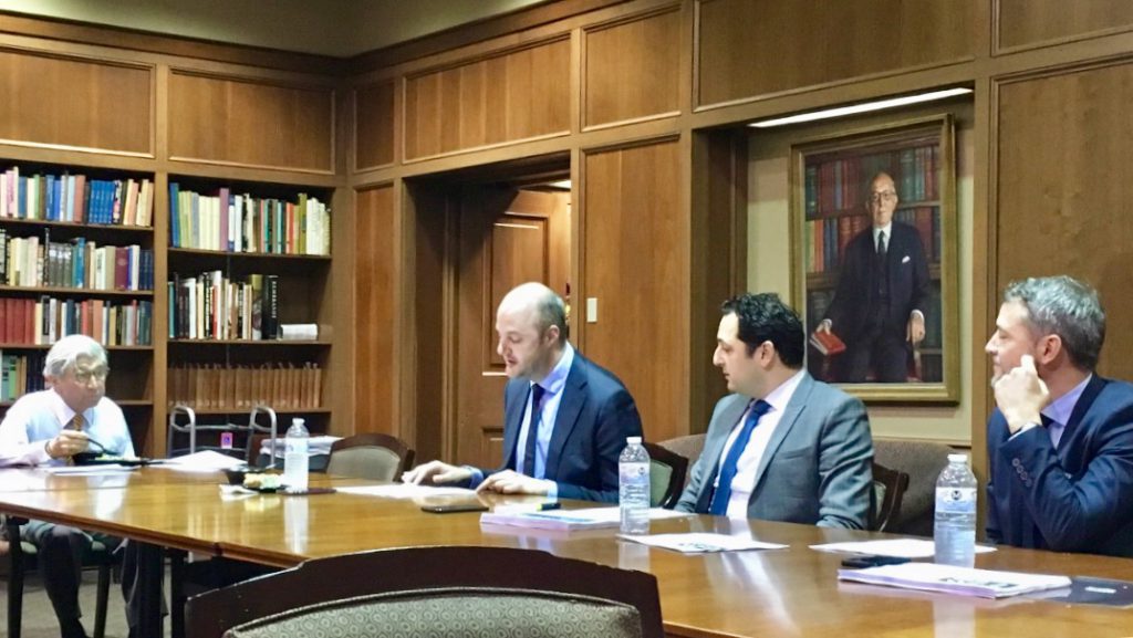 Prof. Baier, Haftel, Séjean, and Roda, in the Tucker Room during the faculty presentation