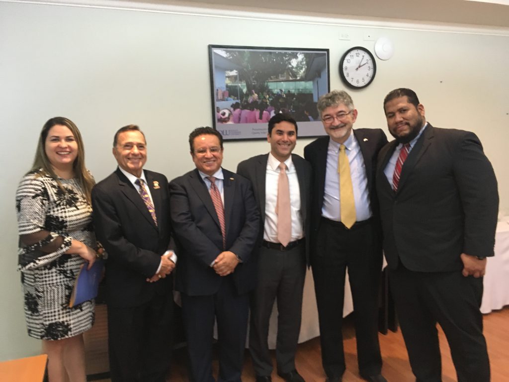 Left to right, Dean Marcela Reyes, Ambassador Mario Jaramillo, Rector Oscar Leon, Diego Anguizola, Olivier Moréteau, and Gustavo Gordon