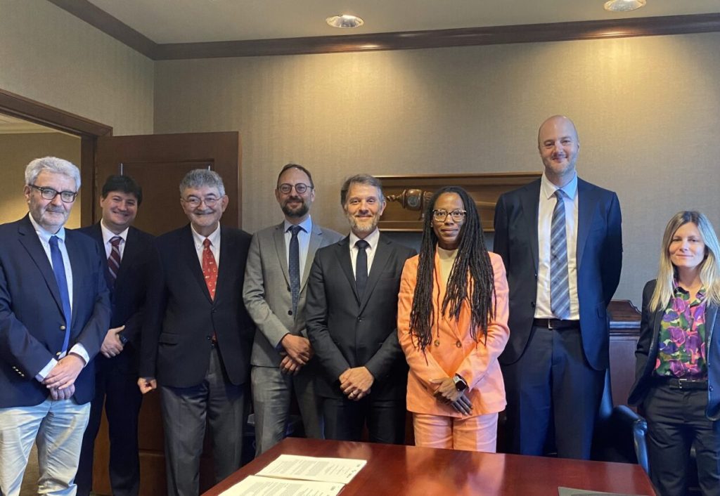 From left to right, Prof. Philippe Pierre (Rennes and INFN), Prof. Nick Davrados and Prof. Olivier Moréteau (LSU), Cultural Attaché Jacques Baran (Consulate General of France in Louisiana), Prof. Mustapha Mekki (Pantheon-Sorbonne and INFN), Dean Alena Allen (LSU), Prof. Bernard Haftel and Prof. Nathalie Blanc (Paris Nord-Sorbonne)